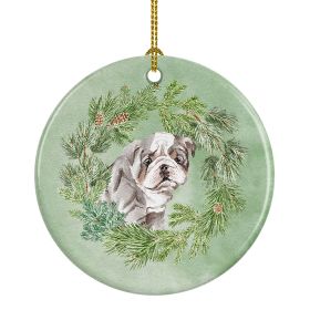 Bulldog Lilac Puppy Christmas Wreath Ceramic Ornament Christmas Tree Hanging Decorations for Home Christmas Holiday, Party, Gift, 3 in, Multicolo