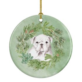 Bulldog Puppy White Christmas Wreath Ceramic Ornament Christmas Tree Hanging Decorations for Home Christmas Holiday, Party, Gift, 3 in, Multicolo