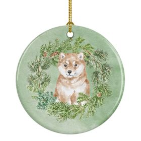 Shiba Inu Puppy Sitting Pretty Christmas Wreath Ceramic Ornament Christmas Tree Hanging Decorations for Home Christmas Holiday, Party, Gift, 3 in