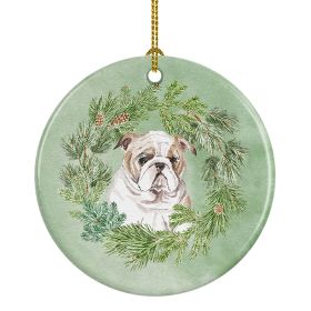 Bulldog Puppy Fawn Christmas Wreath Ceramic Ornament Christmas Tree Hanging Decorations for Home Christmas Holiday, Party, Gift, 3 in, Multicolor