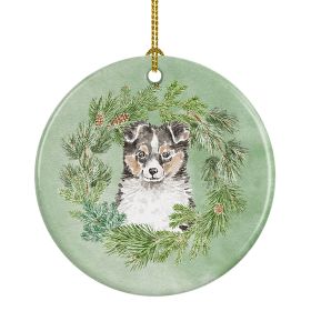 Sheltie/Shetland Sheepdog Puppy Tricolor Christmas Wreath Ceramic Ornament Christmas Tree Hanging Decorations for Home Christmas Holiday, Party,