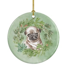 Pug Puppy Fawn Head Tilt Christmas Wreath Ceramic Ornament Christmas Tree Hanging Decorations for Home Christmas Holiday, Party, Gift, 3 in