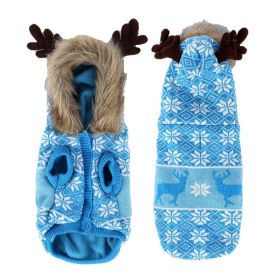Pet Clothes Thickened Fur Collar Hat Christmas Antlers Snowflake Warm Pet Clothes (Color: Blue, size: XS)
